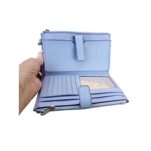 Michael Kors Blue Saffiano Leather Double Zip Cellphone Wallet Wristlet - Picture 4 of 11